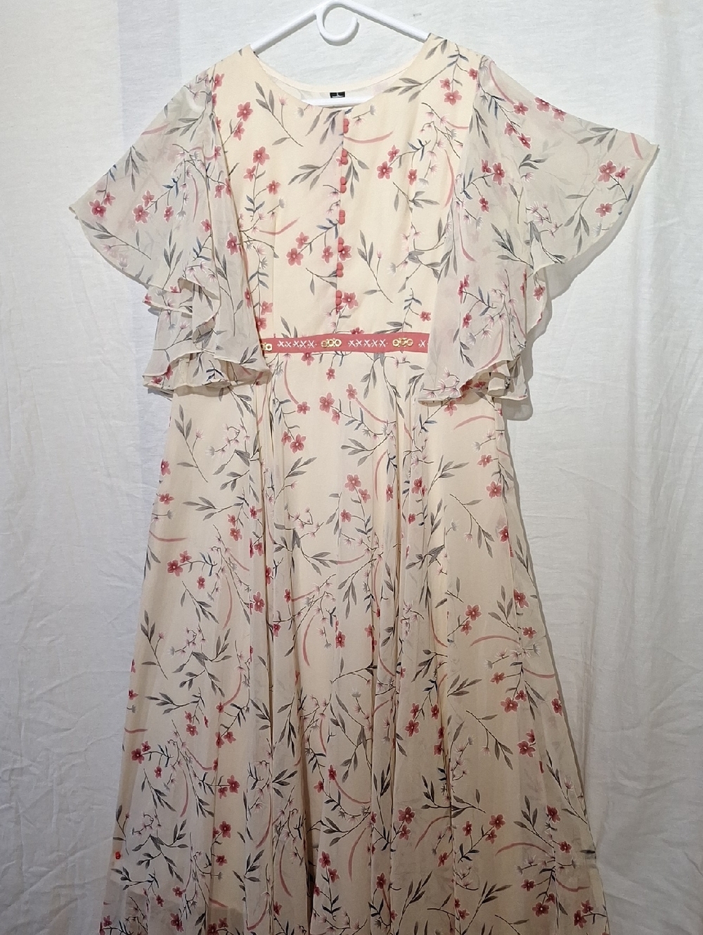Floral Boho Cream Maxi Dress with Flutter Sleeves And Embroidered Waist,